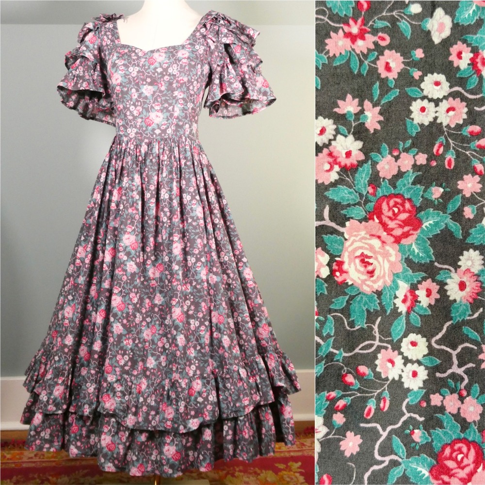 Vintage 1980s Dress Ruffle Tea Floral Rose 80s Garden Party Cottagecore Romantic